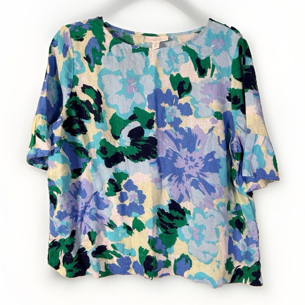Linen Charter Club Luxury Blouse Top Ruffle Sleeve Petite Large Blue Lightweight